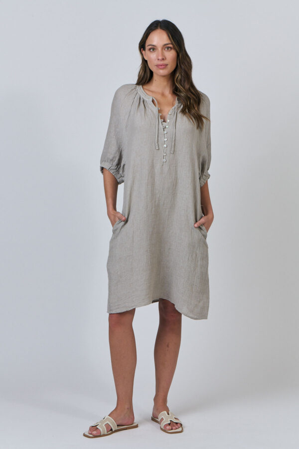 Button Tie Dress - Cement