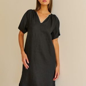 Embroidered Linen Dress - Black